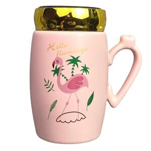 Ceramic Flamingo Mug Pink Mirrored Screw Lid Heart Handle Soup Cup Hot Liquid